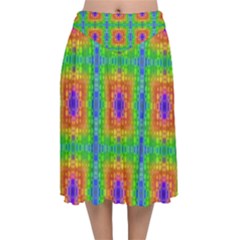 Groovy Purple Green Blue Orange Square Pattern Velvet Flared Midi Skirt