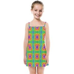 Groovy Purple Green Blue Orange Square Pattern Kids  Summer Sun Dress