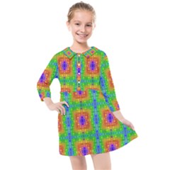 Groovy Purple Green Blue Orange Square Pattern Kids  Quarter Sleeve Shirt Dress by BrightVibesDesign