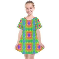 Groovy Purple Green Blue Orange Square Pattern Kids  Smock Dress