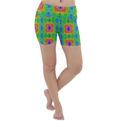 Groovy Purple Green Blue Orange Square Pattern Lightweight Velour Yoga Shorts by BrightVibesDesign