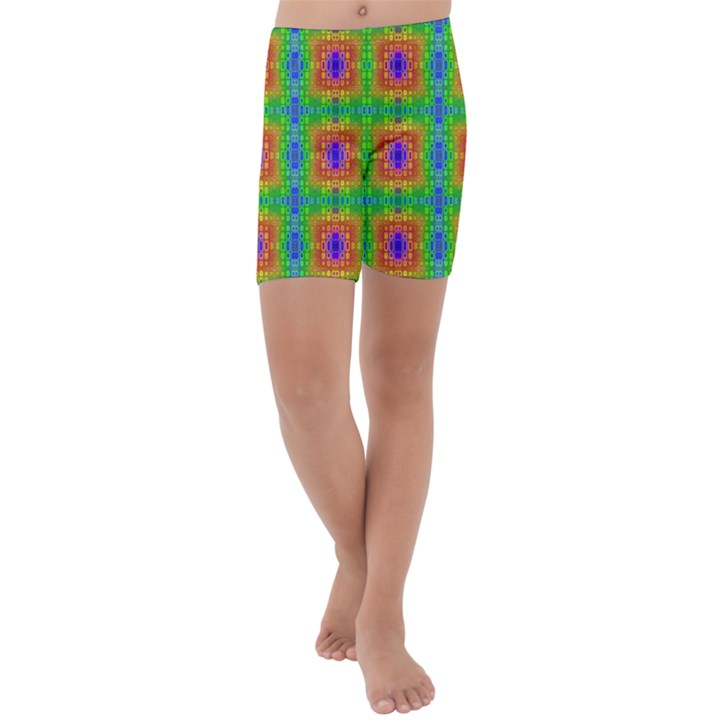 Groovy Purple Green Blue Orange Square Pattern Kids  Lightweight Velour Capri Yoga Leggings