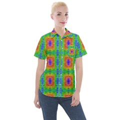 Groovy Purple Green Blue Orange Square Pattern Women s Short Sleeve Pocket Shirt