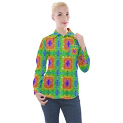 Groovy Purple Green Blue Orange Square Pattern Women s Long Sleeve Pocket Shirt