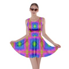 Groovy Pink Blue Yellow Square Pattern Skater Dress