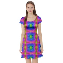 Groovy Pink Blue Yellow Square Pattern Short Sleeve Skater Dress