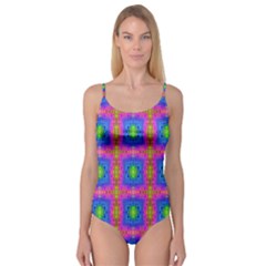 Groovy Pink Blue Yellow Square Pattern Camisole Leotard  by BrightVibesDesign