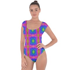 Groovy Pink Blue Yellow Square Pattern Short Sleeve Leotard  by BrightVibesDesign