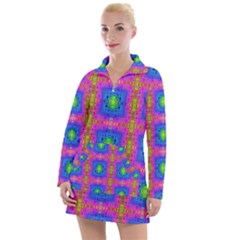 Groovy Pink Blue Yellow Square Pattern Women s Long Sleeve Casual Dress