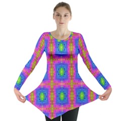 Groovy Pink Blue Yellow Square Pattern Long Sleeve Tunic  by BrightVibesDesign