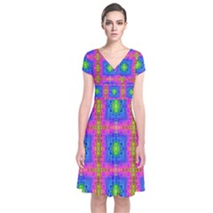 Groovy Pink Blue Yellow Square Pattern Short Sleeve Front Wrap Dress