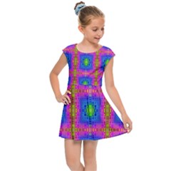 Groovy Pink Blue Yellow Square Pattern Kids  Cap Sleeve Dress by BrightVibesDesign