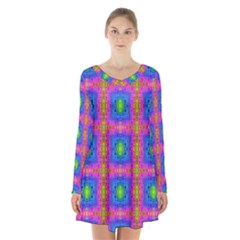 Groovy Pink Blue Yellow Square Pattern Long Sleeve Velvet V-neck Dress