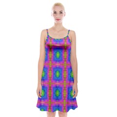 Groovy Pink Blue Yellow Square Pattern Spaghetti Strap Velvet Dress