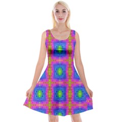 Groovy Pink Blue Yellow Square Pattern Reversible Velvet Sleeveless Dress