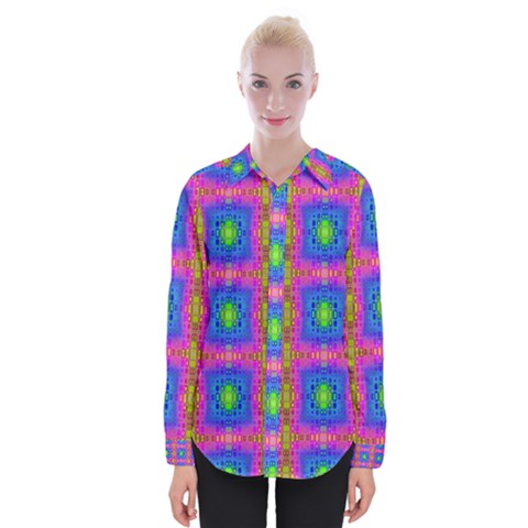 Groovy Pink Blue Yellow Square Pattern Womens Long Sleeve Shirt by BrightVibesDesign