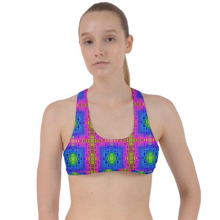 Groovy Pink Blue Yellow Square Pattern Criss Cross Racerback Sports Bra