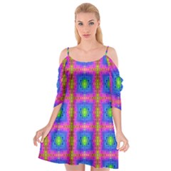 Groovy Pink Blue Yellow Square Pattern Cutout Spaghetti Strap Chiffon Dress