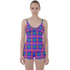 Groovy Pink Blue Yellow Square Pattern Tie Front Two Piece Tankini by BrightVibesDesign