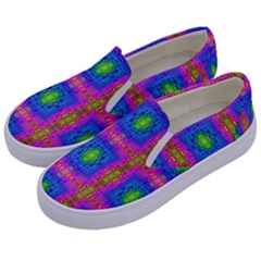 Groovy Pink Blue Yellow Square Pattern Kids  Canvas Slip Ons by BrightVibesDesign