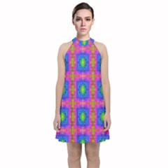 Groovy Pink Blue Yellow Square Pattern Velvet Halter Neckline Dress 