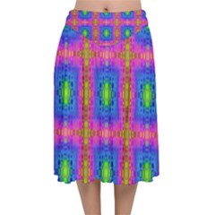 Groovy Pink Blue Yellow Square Pattern Velvet Flared Midi Skirt