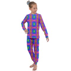 Groovy Pink Blue Yellow Square Pattern Kids  Long Sleeve Set 