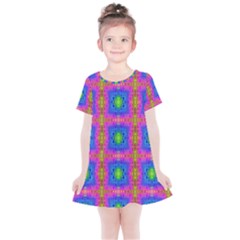 Groovy Pink Blue Yellow Square Pattern Kids  Simple Cotton Dress