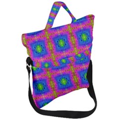 Groovy Pink Blue Yellow Square Pattern Fold Over Handle Tote Bag by BrightVibesDesign