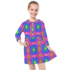 Groovy Pink Blue Yellow Square Pattern Kids  Quarter Sleeve Shirt Dress