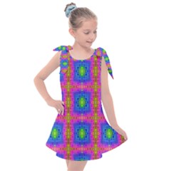 Groovy Pink Blue Yellow Square Pattern Kids  Tie Up Tunic Dress