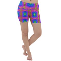 Groovy Pink Blue Yellow Square Pattern Lightweight Velour Yoga Shorts by BrightVibesDesign