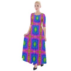 Groovy Pink Blue Yellow Square Pattern Half Sleeves Maxi Dress