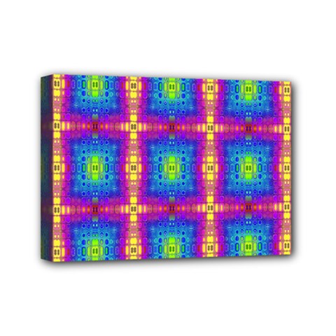 Groovy Blue Pink Yellow Square Pattern Mini Canvas 7  X 5  (stretched) by BrightVibesDesign