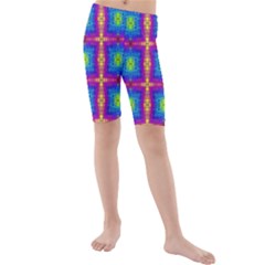 Groovy Blue Pink Yellow Square Pattern Kids  Mid Length Swim Shorts by BrightVibesDesign