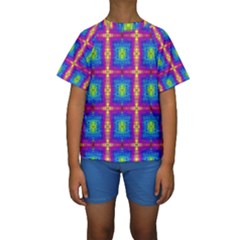 Groovy Blue Pink Yellow Square Pattern Kids  Short Sleeve Swimwear by BrightVibesDesign