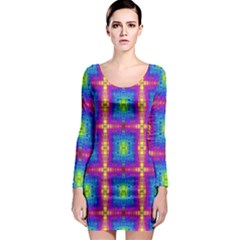 Groovy Blue Pink Yellow Square Pattern Long Sleeve Bodycon Dress by BrightVibesDesign