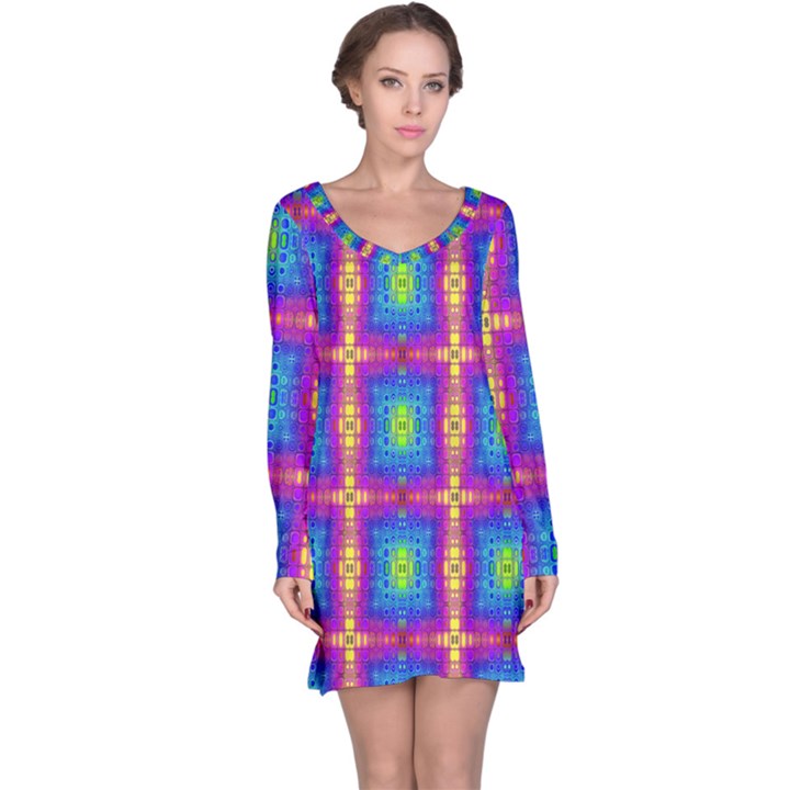 Groovy Blue Pink Yellow Square Pattern Long Sleeve Nightdress