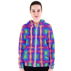 Groovy Blue Pink Yellow Square Pattern Women s Zipper Hoodie