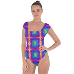 Groovy Blue Pink Yellow Square Pattern Short Sleeve Leotard  by BrightVibesDesign