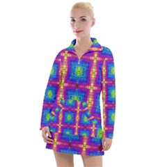 Groovy Blue Pink Yellow Square Pattern Women s Long Sleeve Casual Dress