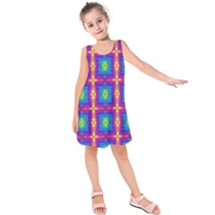 Groovy Blue Pink Yellow Square Pattern Kids  Sleeveless Dress by BrightVibesDesign