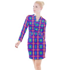 Groovy Blue Pink Yellow Square Pattern Button Long Sleeve Dress by BrightVibesDesign