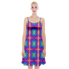 Groovy Blue Pink Yellow Square Pattern Spaghetti Strap Velvet Dress