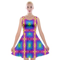 Groovy Blue Pink Yellow Square Pattern Velvet Skater Dress