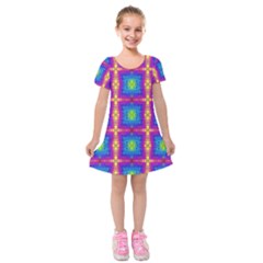 Groovy Blue Pink Yellow Square Pattern Kids  Short Sleeve Velvet Dress