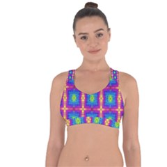 Groovy Blue Pink Yellow Square Pattern Cross String Back Sports Bra by BrightVibesDesign