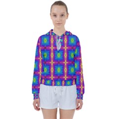 Groovy Blue Pink Yellow Square Pattern Women s Tie Up Sweat