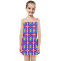 Groovy Blue Pink Yellow Square Pattern Kids  Summer Sun Dress by BrightVibesDesign