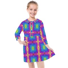 Groovy Blue Pink Yellow Square Pattern Kids  Quarter Sleeve Shirt Dress by BrightVibesDesign